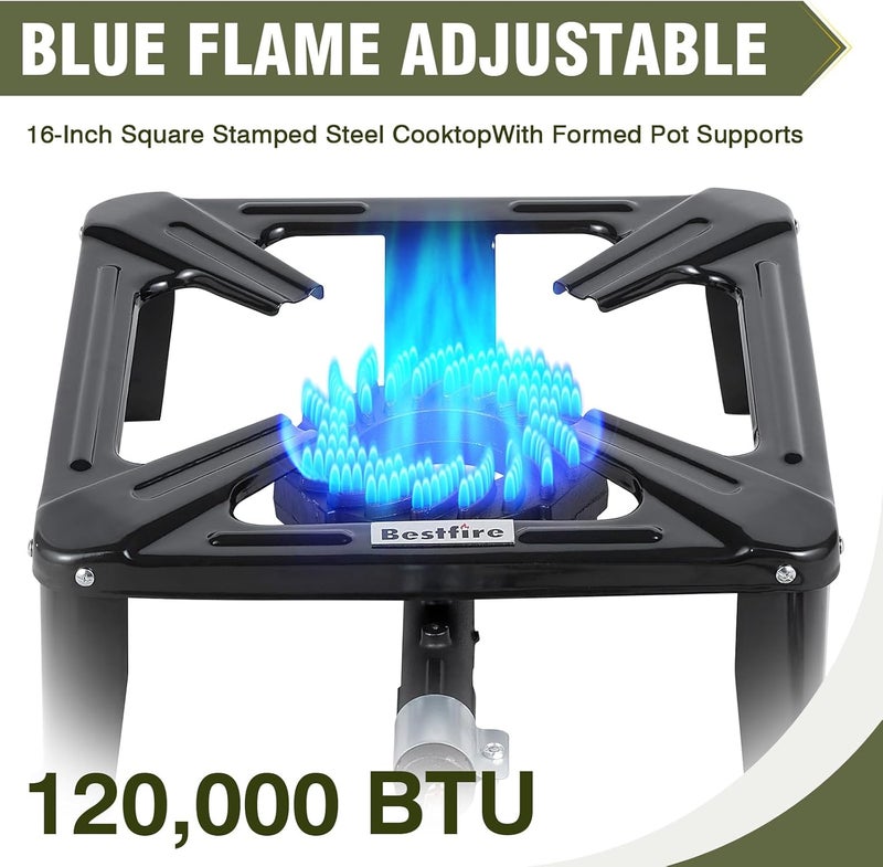 BestFire High Pressure Propane Burner, 120000 BTU Single Propane Stove with 4.1ft 0-20Psi Adjustable Hose with Regulator, 16" Square Steel Cooktop for Camping - Image 5